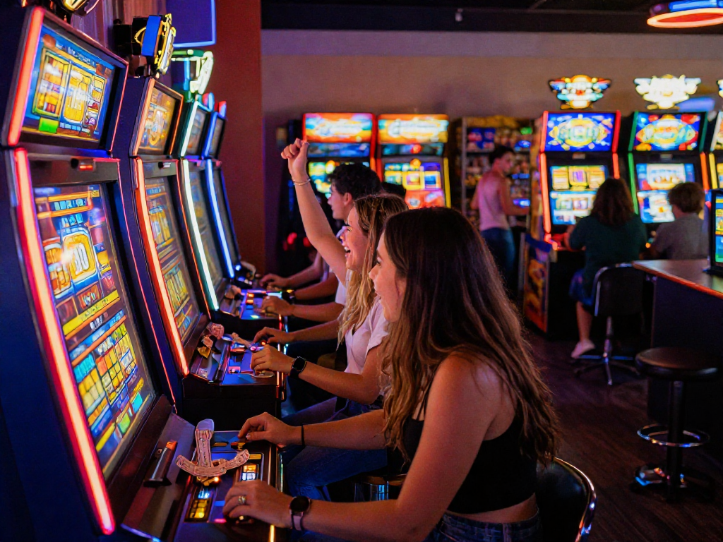 Excited players celebrating a slot jackpot win in a lively arcade environment.
