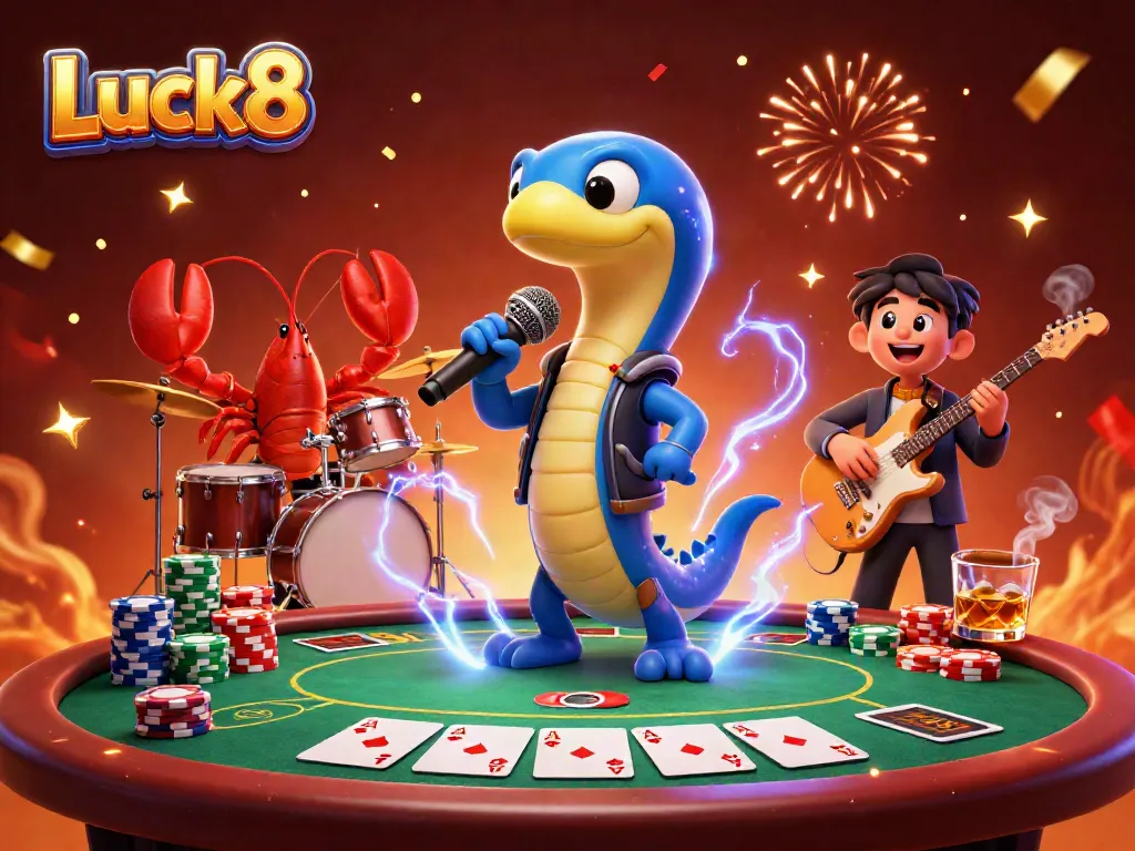 Experience the thrill of Luck8 with an animated underwater casino scene featuring exciting characters and poker elements.