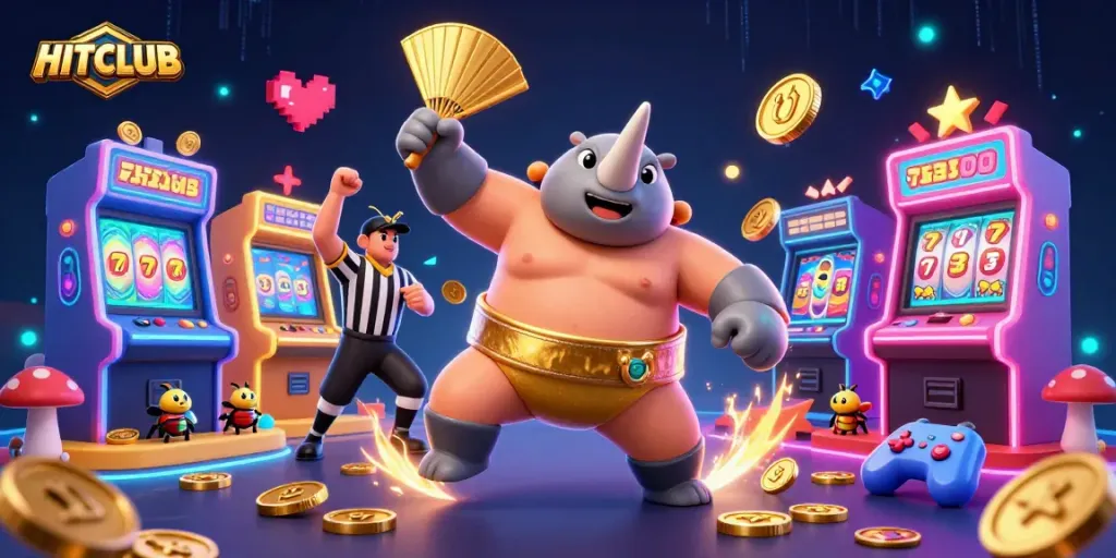 Experience HITCLUB's exciting gaming action with a sumo champion and vibrant casino elements in an engaging scene.