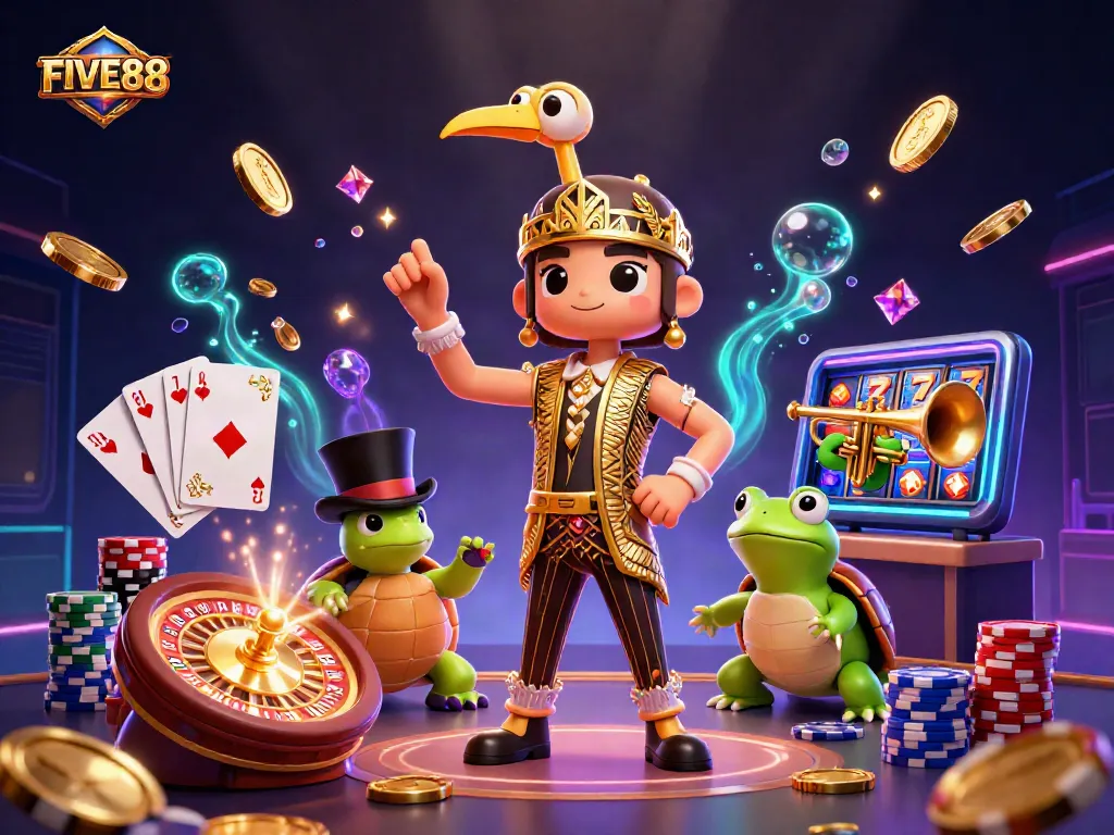 Engage with FIVE88's electric gaming scene featuring vibrant characters and dynamic gambling elements.