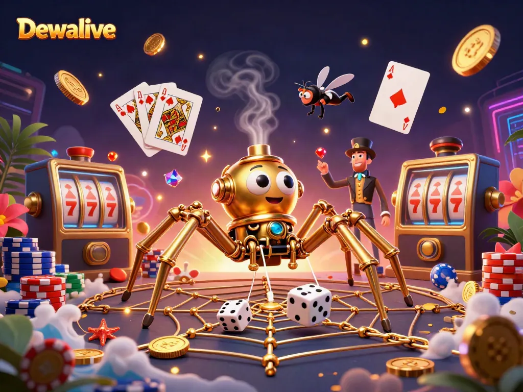 Dewalive offers thrilling gaming experiences with a steampunk spider and vibrant casino elements.