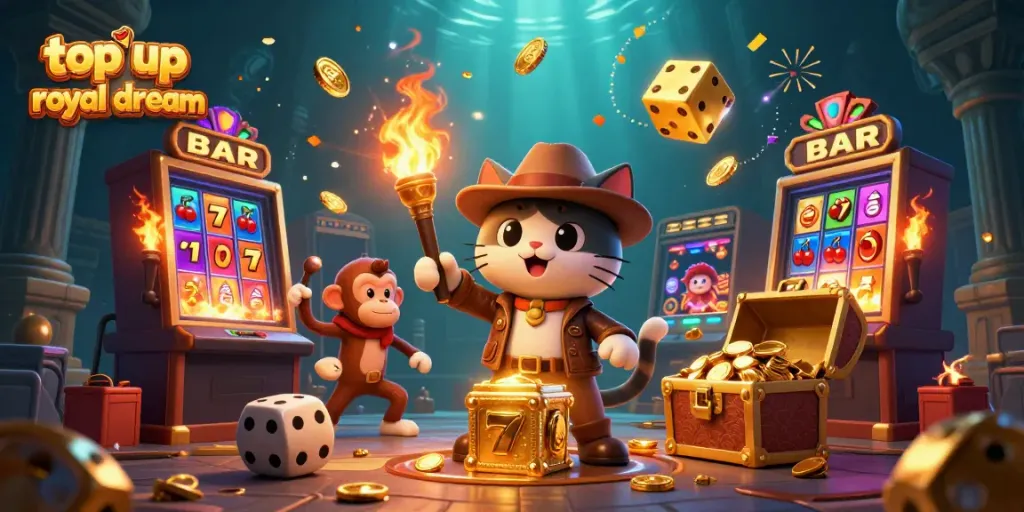 Visualisasikan cara top up royal dream dengan ilustrasi karakter petualang dan elemen kasino