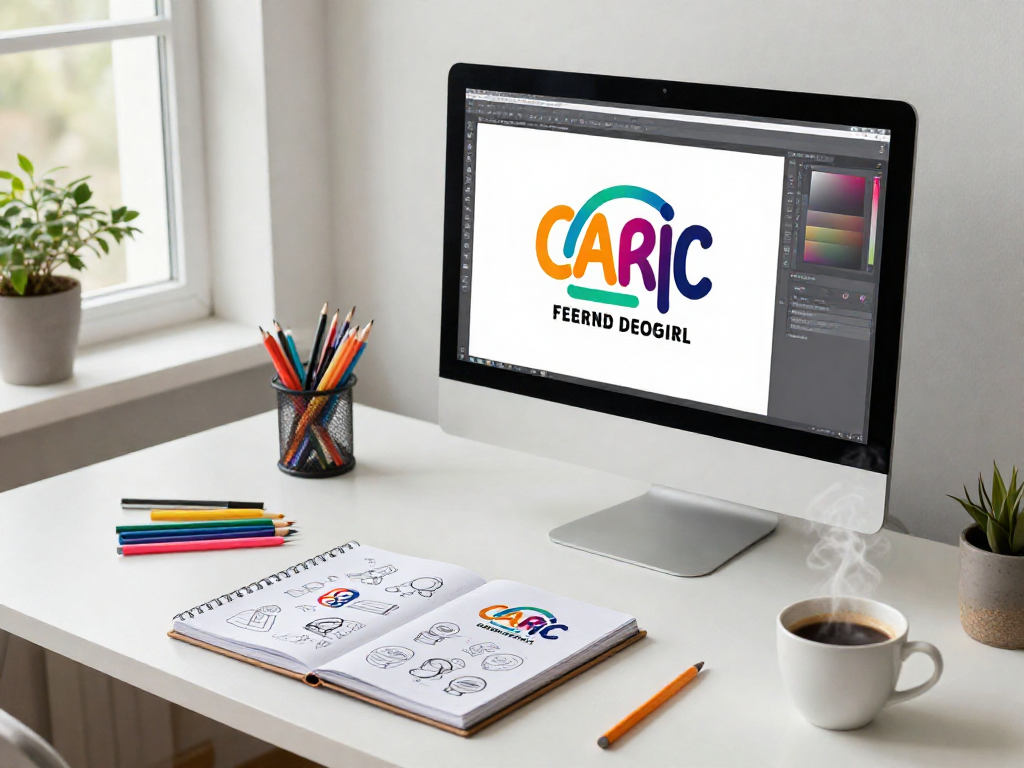 Grafik freelancer pracujący w minimalistycznym biurze, projektujący unikalne logo.