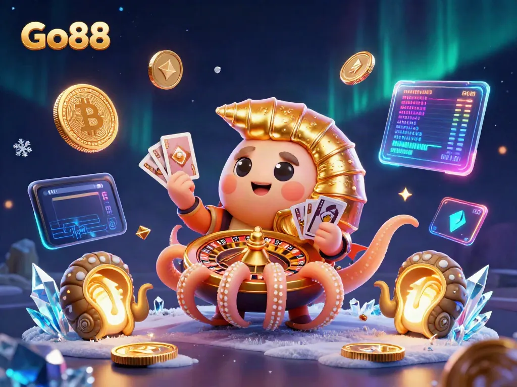 Go88 gaming scene featuring a giant nautilus roulette wheel and glowing coins in a vibrant casino setting.