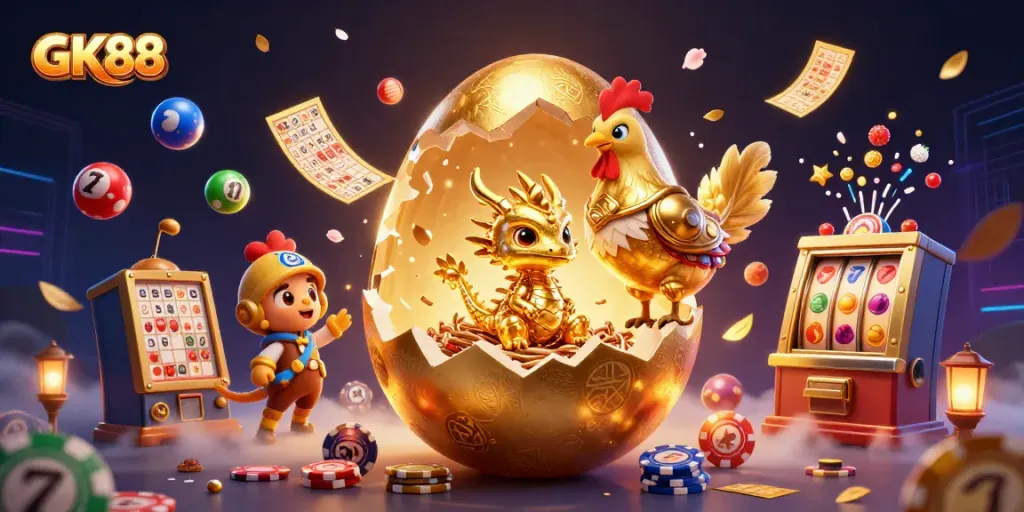 Engage with GK88's vibrant casino experience showcasing golden dragon, poker chips, and dynamic lottery elements.