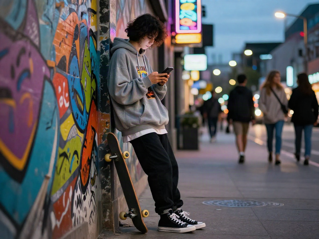 Stylish individual embodying rokok88 streetwear against vibrant urban graffiti backdrop.