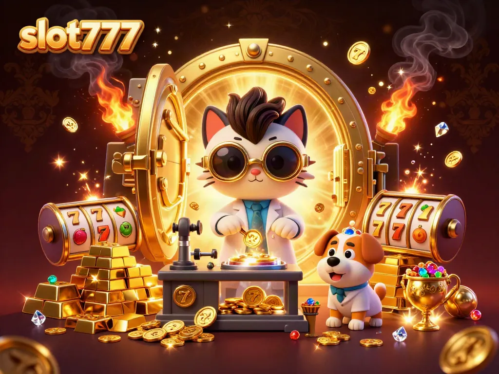 Permainan slot777 yang menyenangkan dengan karakter kucing ilmuwan dan anjing asisten di lab.