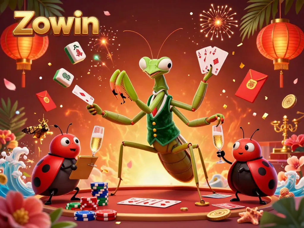 Zowin casino scene showcasing a giant praying mantis card sharp dealing cards, surrounded by vibrant gambling elements.