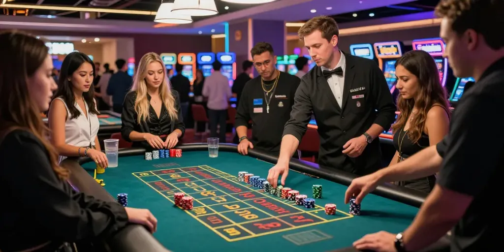Suasana kasino yang meriah dengan teman-teman bermain 'ratutogel' di meja roulette.
