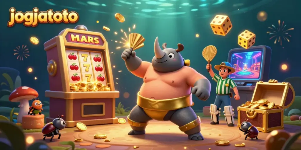 Experience the thrill of jogjatoto with a dynamic scene of cartoon characters in a bustling casino atmosphere, surrounded by golden slot rewards.