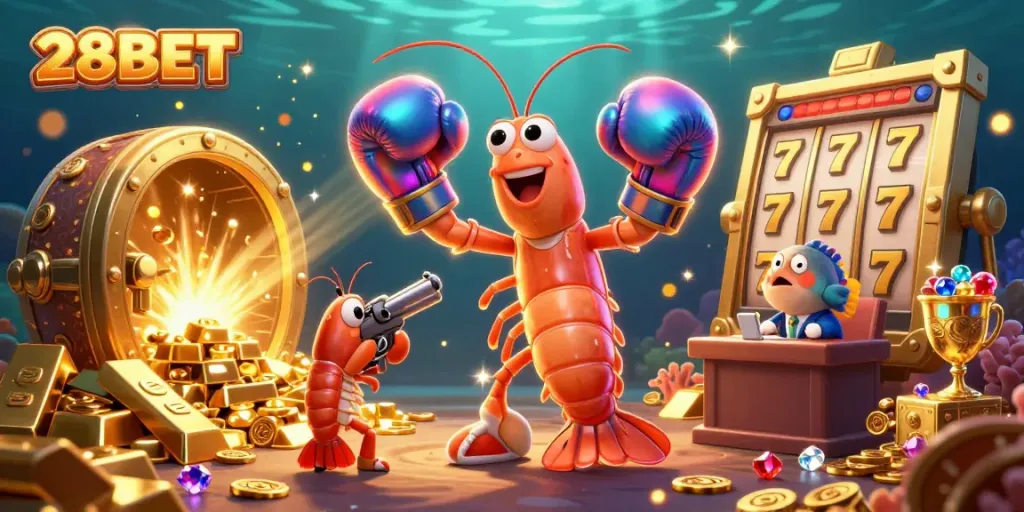 Engage with slots and jackpots featuring 28BET amid vibrant underwater characters and treasures.