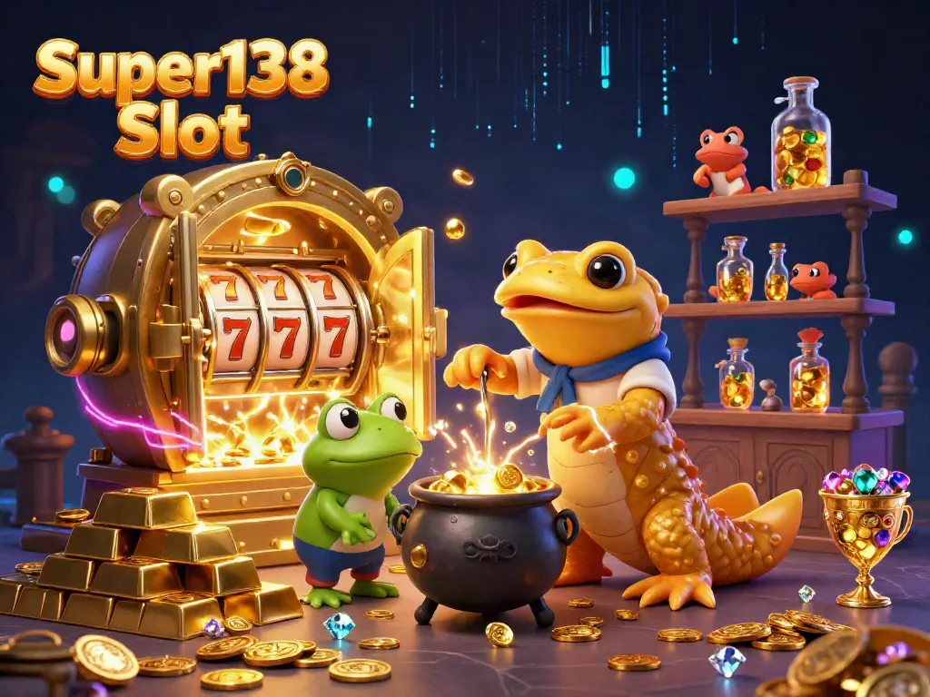 Experience the thrill of Super138 Slot with vibrant casino elements and magical characters.