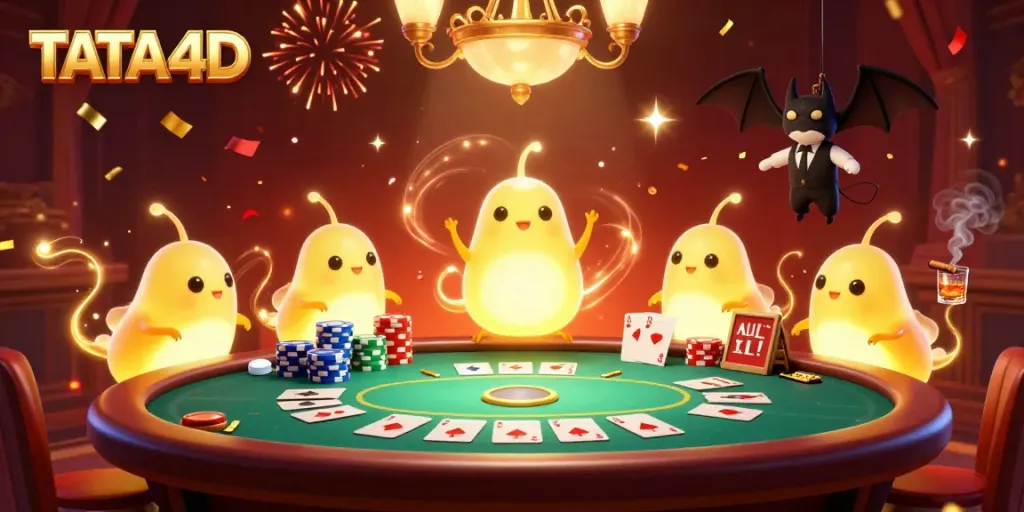 Experience the thrill at TATA4D with vibrant poker action illuminated by glowing characters.