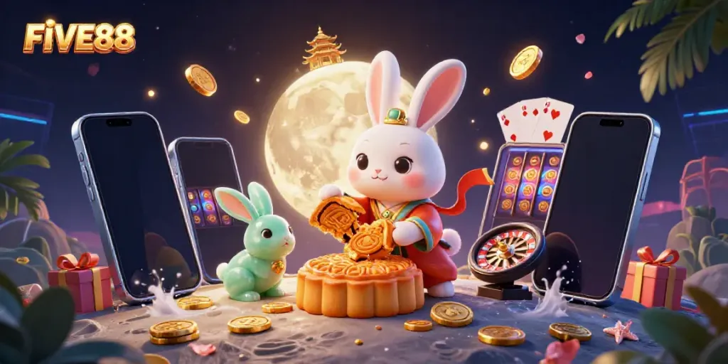 Experience immersive gaming with FIVE88's vibrant moon rabbit scene showcasing dynamic casino elements.