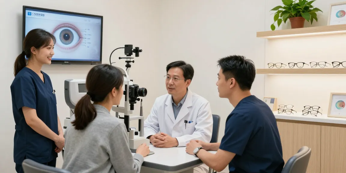 SNU Eye Clinic consultation, patient and ophthalmologist discussing vision correction with modern equipment.