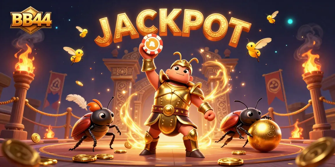 BB44’s vibrant 3D illustration showcases a hercules beetle in golden armor lifting a poker chip amid glowing casino elements.