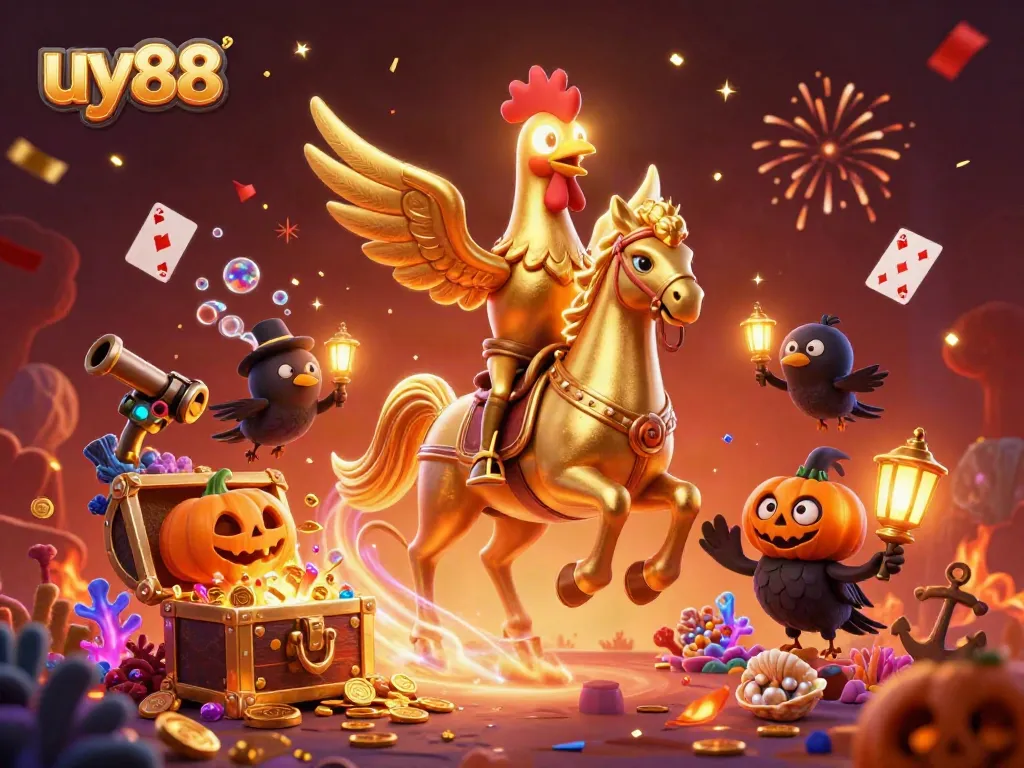 Engage with the thrilling experience at uy88's midnight casino featuring a golden rooster and spectacular treasures.