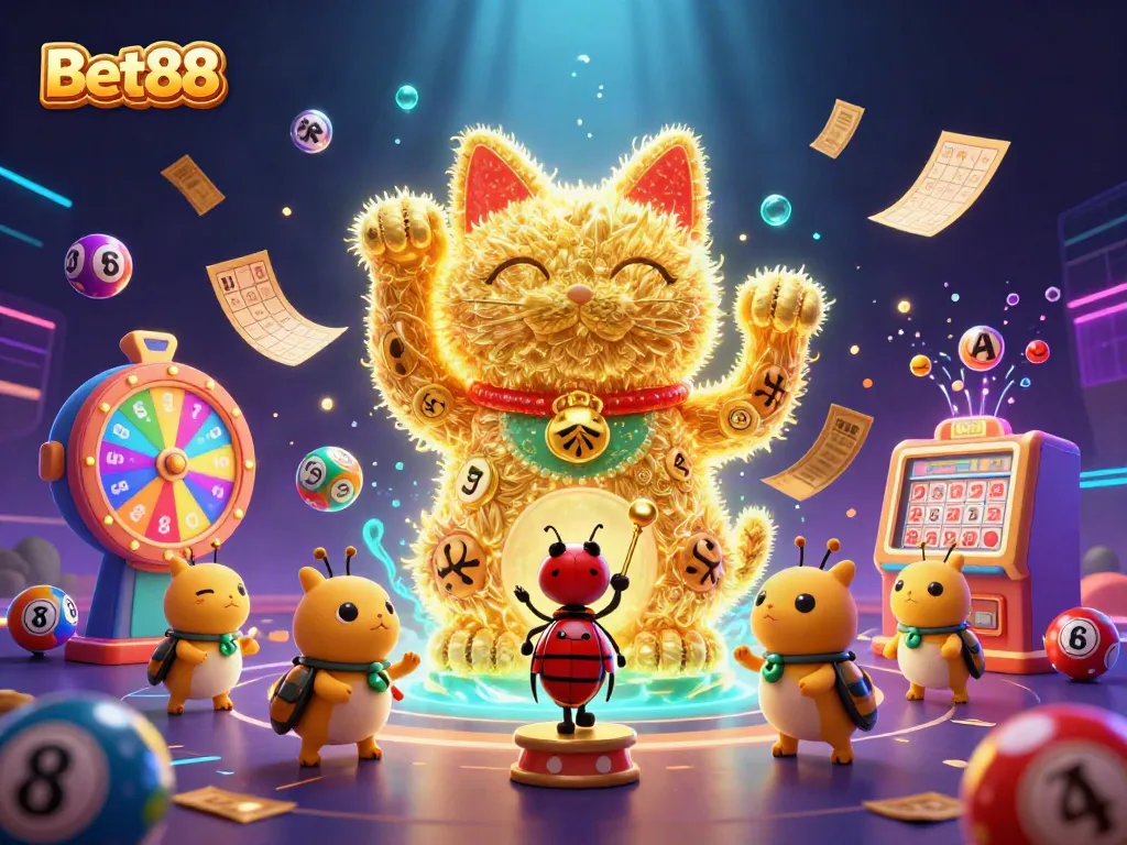 Bet88 offers vibrant casino experiences, featuring a whimsical lucky cat made of fireflies amidst colorful gaming elements.