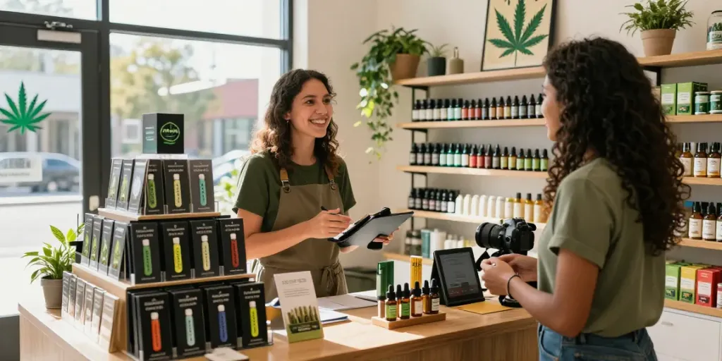 Attractive cannabis shop showcasing Alien Labs disposables with engaging staff and lively atmosphere.