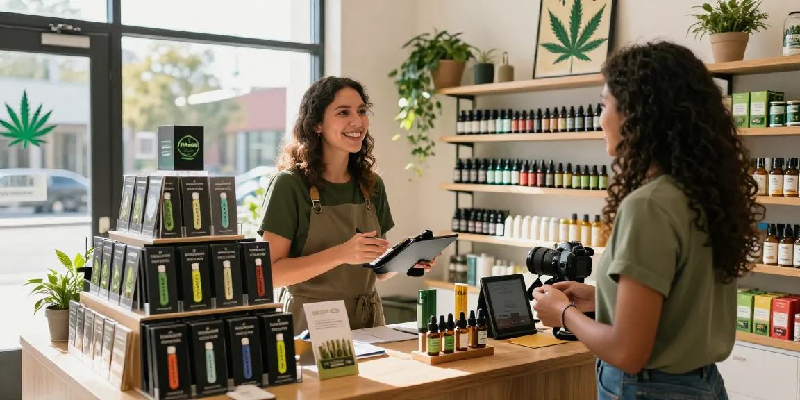 Attractive cannabis shop showcasing Alien Labs disposables with engaging staff and lively atmosphere.