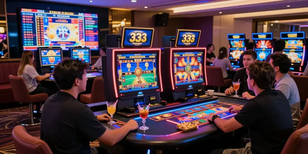 Luxury333 slot game players enjoy a vibrant and exclusive gaming experience at a modern casino.