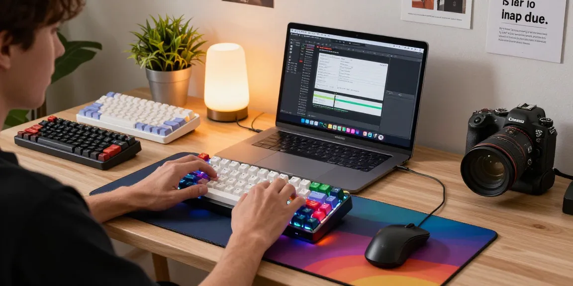 Personalizing Wooting 60HE v2 upgrades with custom keycaps and vibrant workspace lighting.