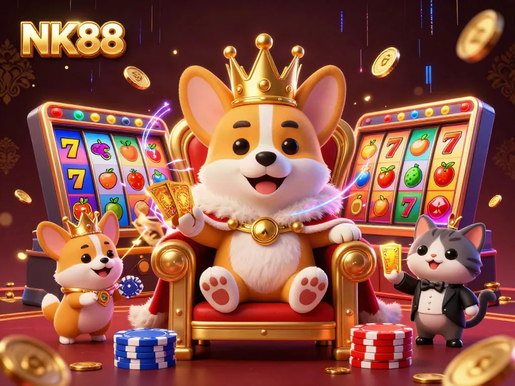 Experience thrilling slots action with NK88's vibrant casino illustration featuring a royal corgi.