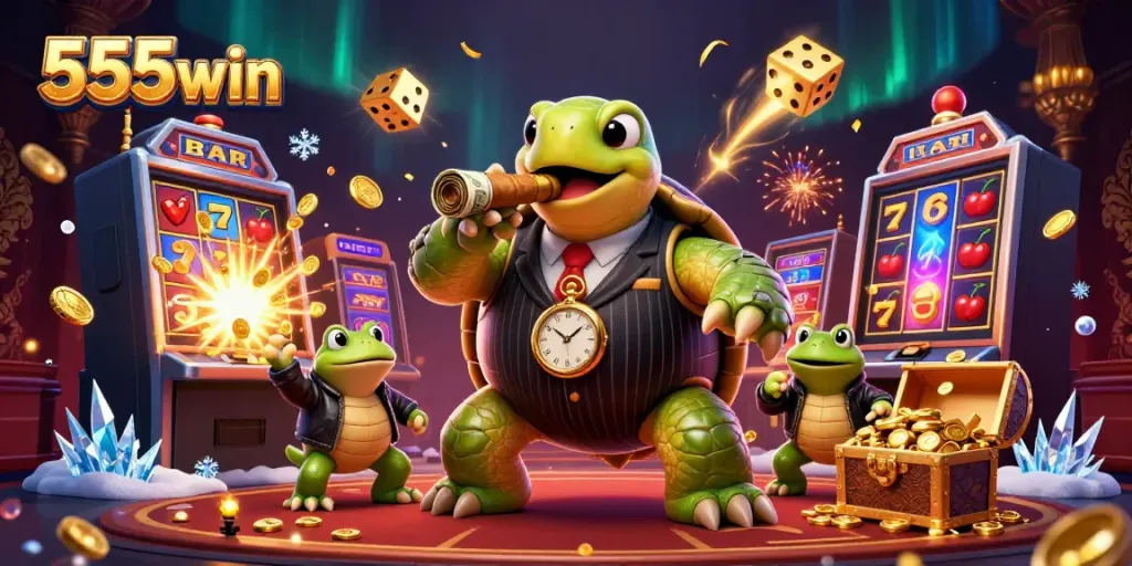 Engage in thrilling gaming action with 555win's massive jackpot scene featuring colorful slot machines and dynamic characters.