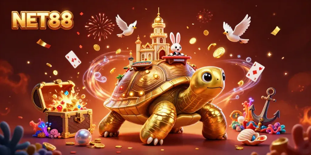 Experience thrilling moments with NET88's golden tortoise casino scene, full of vibrant gaming elements.