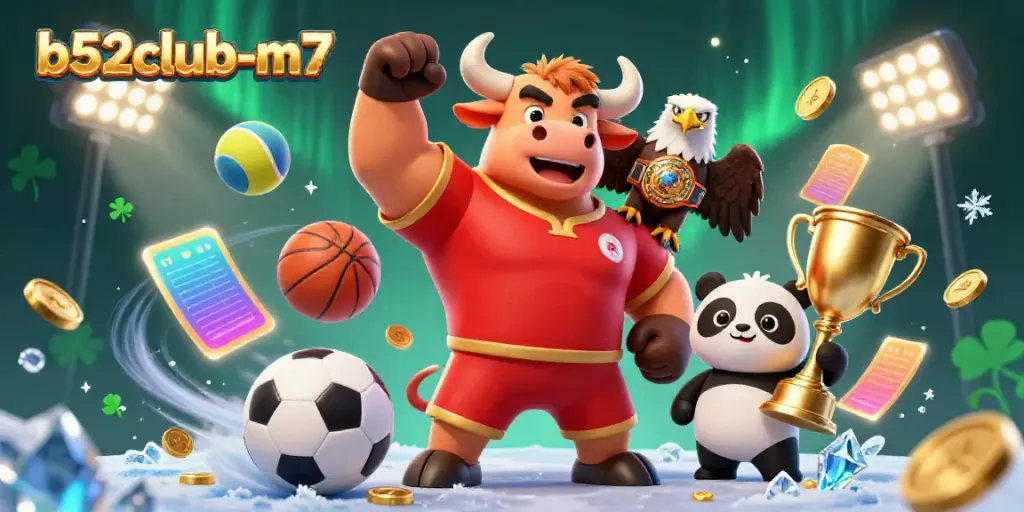 Entertainment scene showcasing b52club-m7 with dynamic characters celebrating a casino victory, featuring games and sports elements.