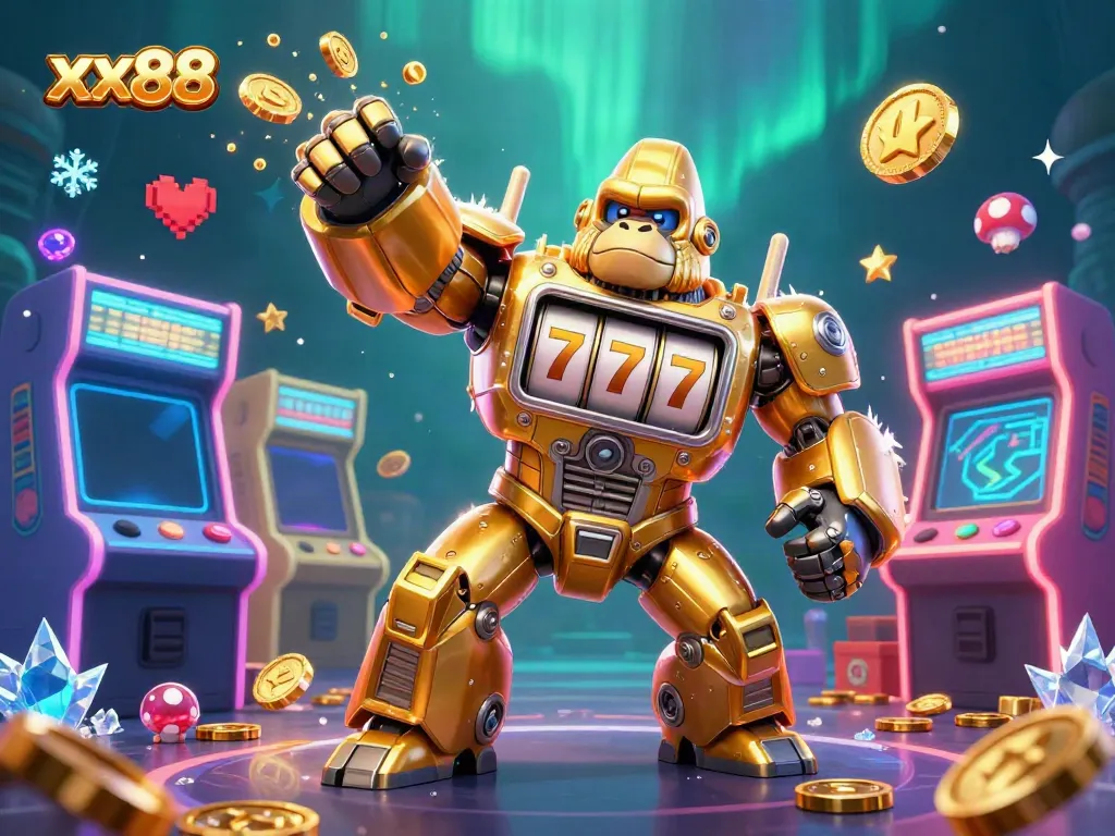 Experience the thrill of xx88 with a dynamic golden gorilla mech celebrating winnings