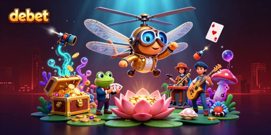 Experience debet's exciting gaming world with a vibrant 3D scene featuring a dragonfly pilot and frog croupier.