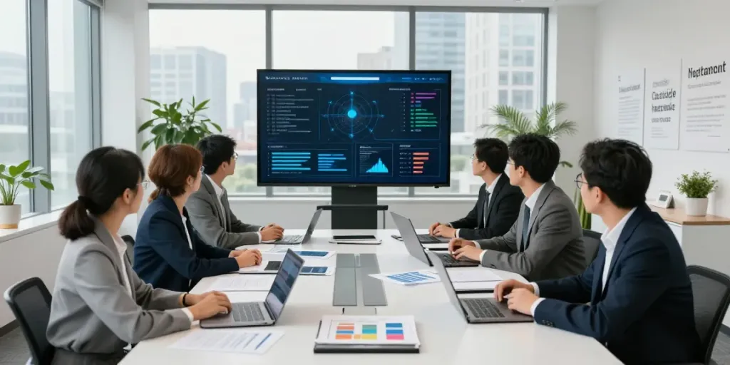 Team collaborating on a communication strategy in a modern office setting