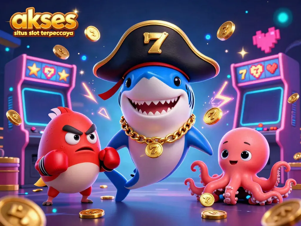 Memperoleh akses situs slot terpercaya dengan karakter kartun, simbol slot, dan koin emas yang berkilauan.
