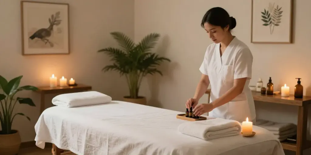 Experience General Spa Service in a tranquil and inviting treatment room with calming lighting and soft linens.