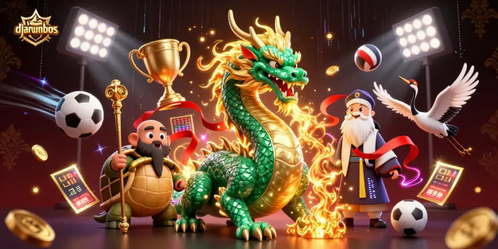 Djarumbos showcases a dynamic scene with a jade dragon and lucky cranes, illustrating vibrant betting action.