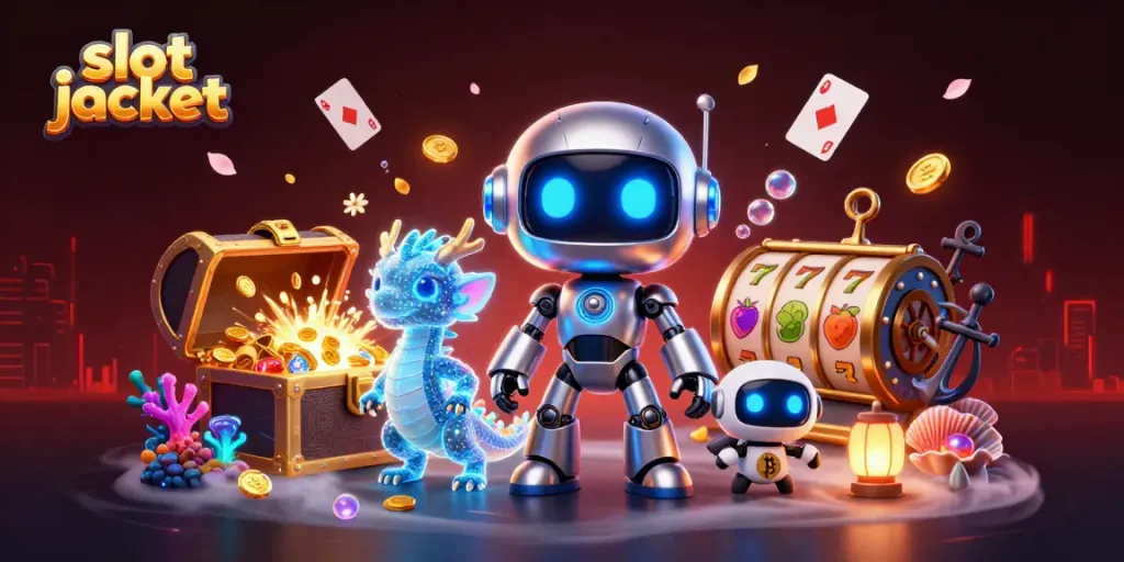 Experience the thrill of slot jackpot games through a vibrant 3D illustration featuring characters and dynamic casino elements.