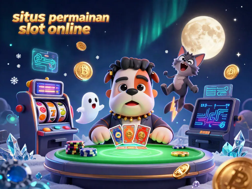 Ilustrasi slot online dengan karakter unik dan elemen kripto di latar belakang