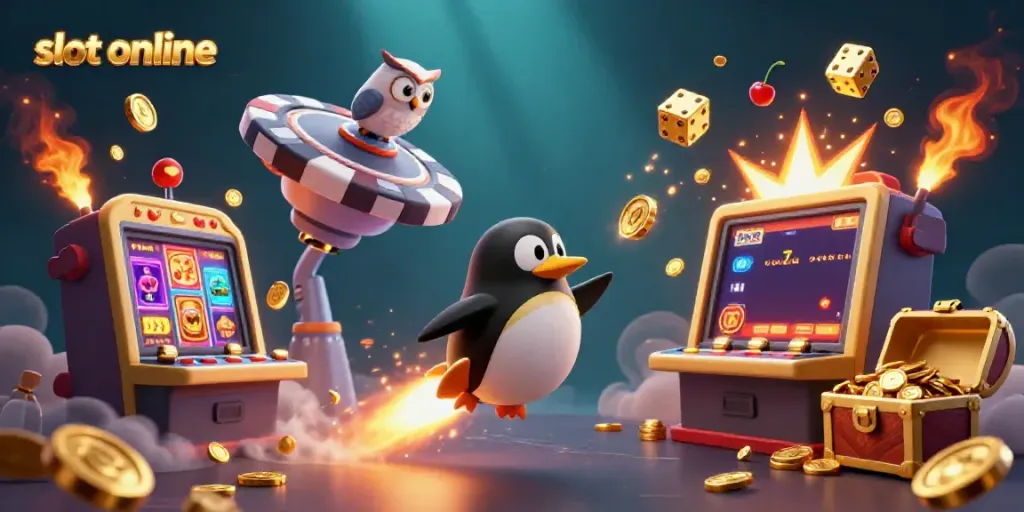 Experience fun and excitement with slot online games as the golden penguin blasts through the cosmos.