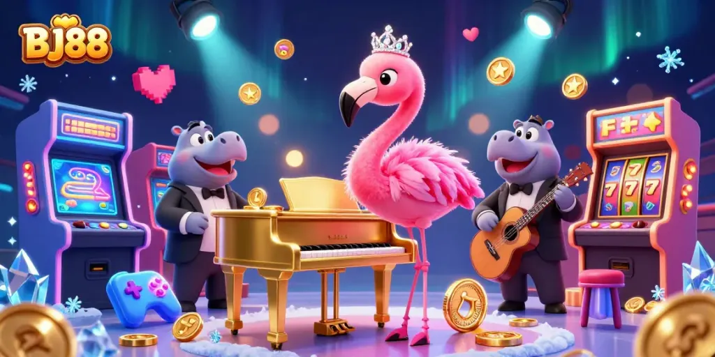 BJ88 players win at a vibrant casino with a flamingo singer and hippo bassist, showcasing exciting slot machines.
