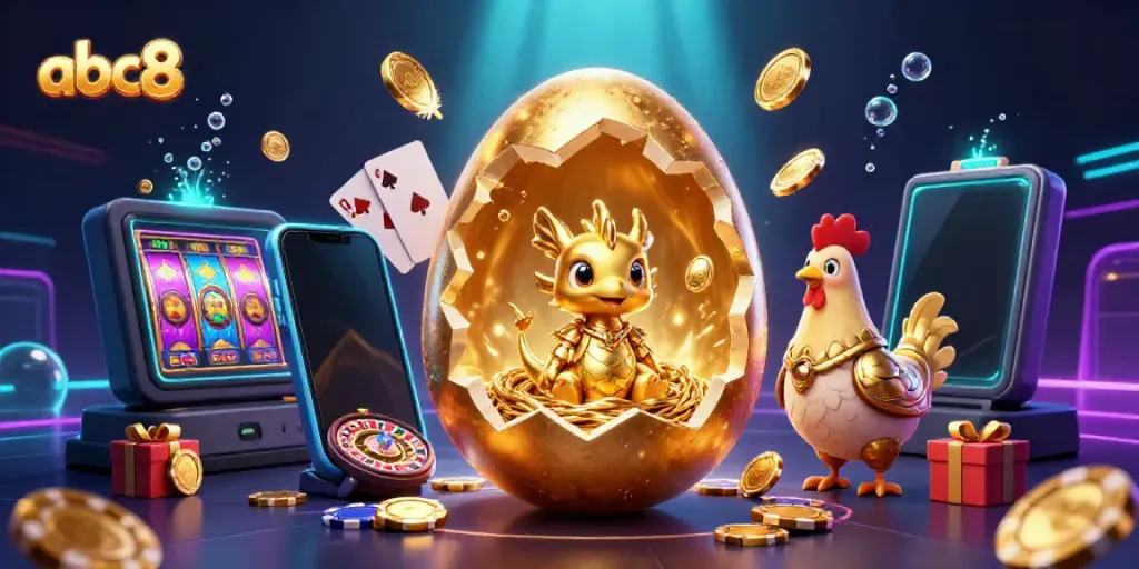 Experience the golden excitement of abc8 with a thrilling 3D casino scene featuring a dragon and poker chips.