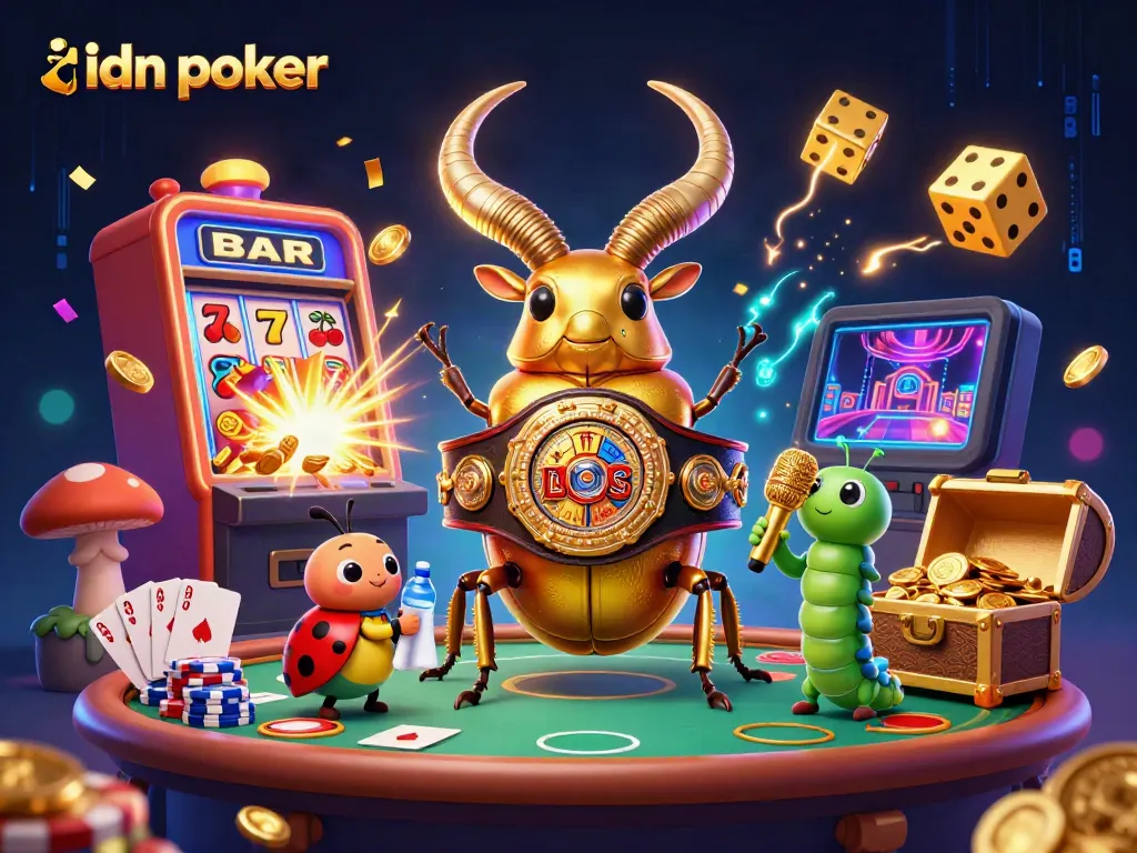 Gambar ilustrasi 3D idn poker dengan karakter menarik dan elemen permainan yang menyenangkan
