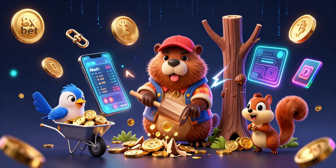 Engage with 8x bet's dynamic scene featuring a beaver and bird collecting golden coins amid digital gaming elements.
