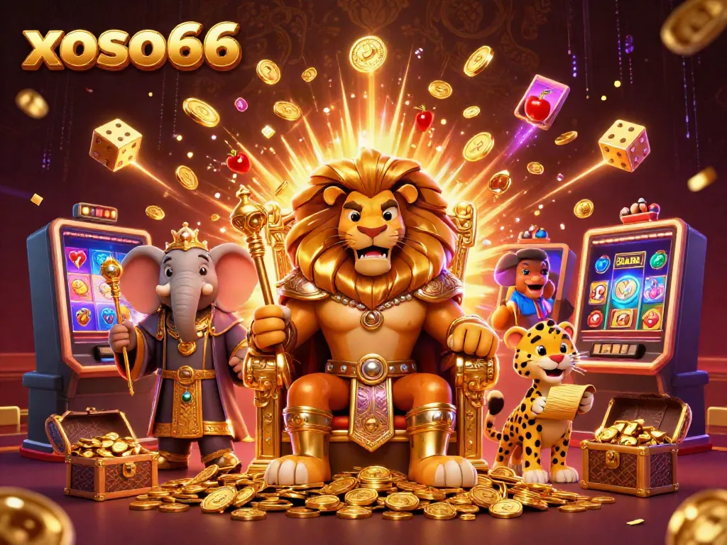 Experience the thrill of xoso66 casino games with a vibrant illustrated scene showcasing a lion king and dynamic gaming elements.