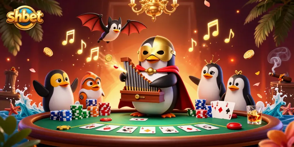 Experience thrilling gaming action with shbet in this vibrant 3D casino illustration featuring a playful penguin.