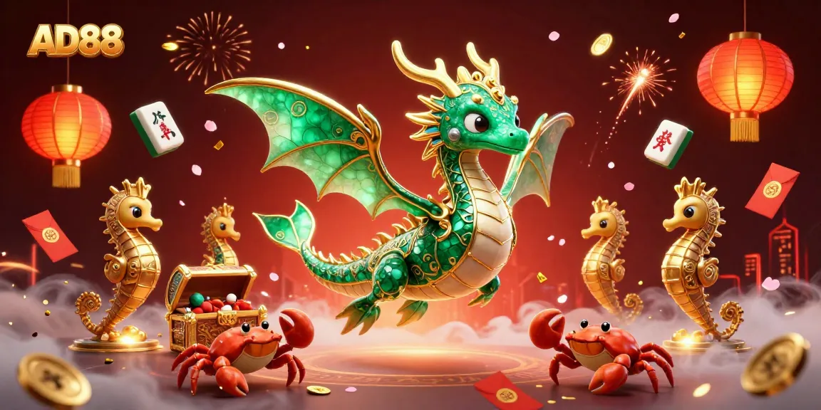 Experience the thrill of AD88 with a vibrant 3D dragon floating amidst festive gambling elements, showcasing the excitement of online gaming.