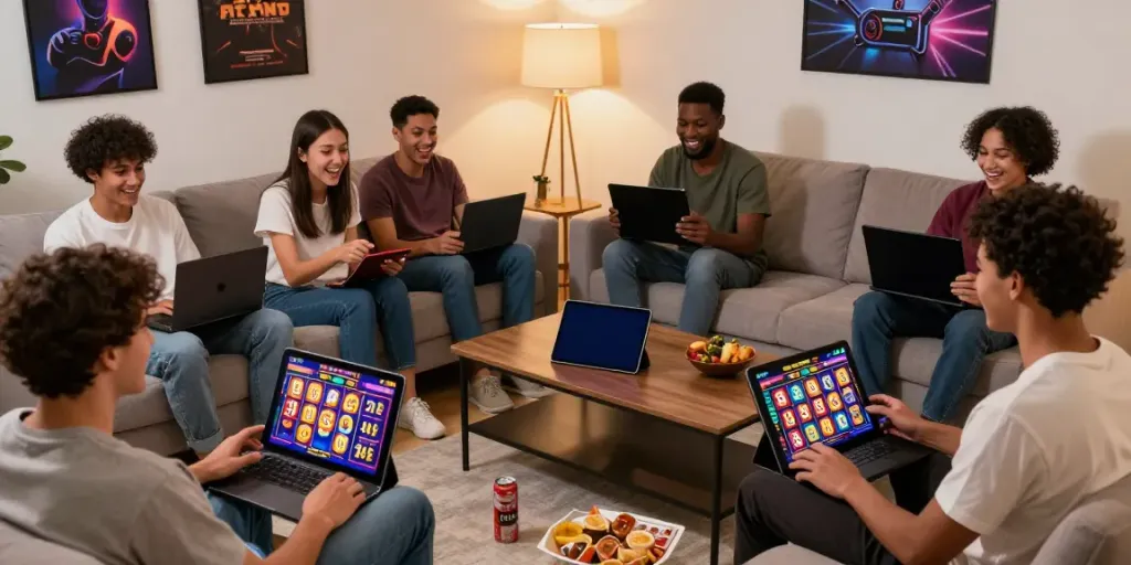 Players enjoying WIRA55 online slot games in a cozy living room.