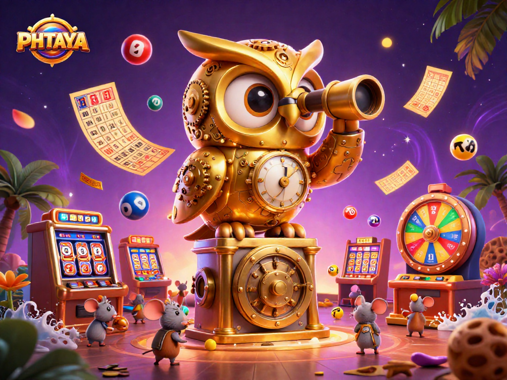 PHTAYA showcases an enchanting 3D casino world with vibrant elements, including gold owl, themed slots, and animated lottery balls.