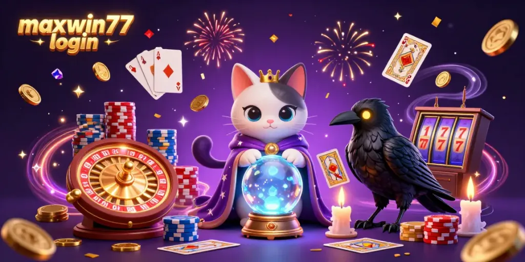 Engage with the exciting maxwin77 login scene featuring a mystical cat and raven amid casino elements.