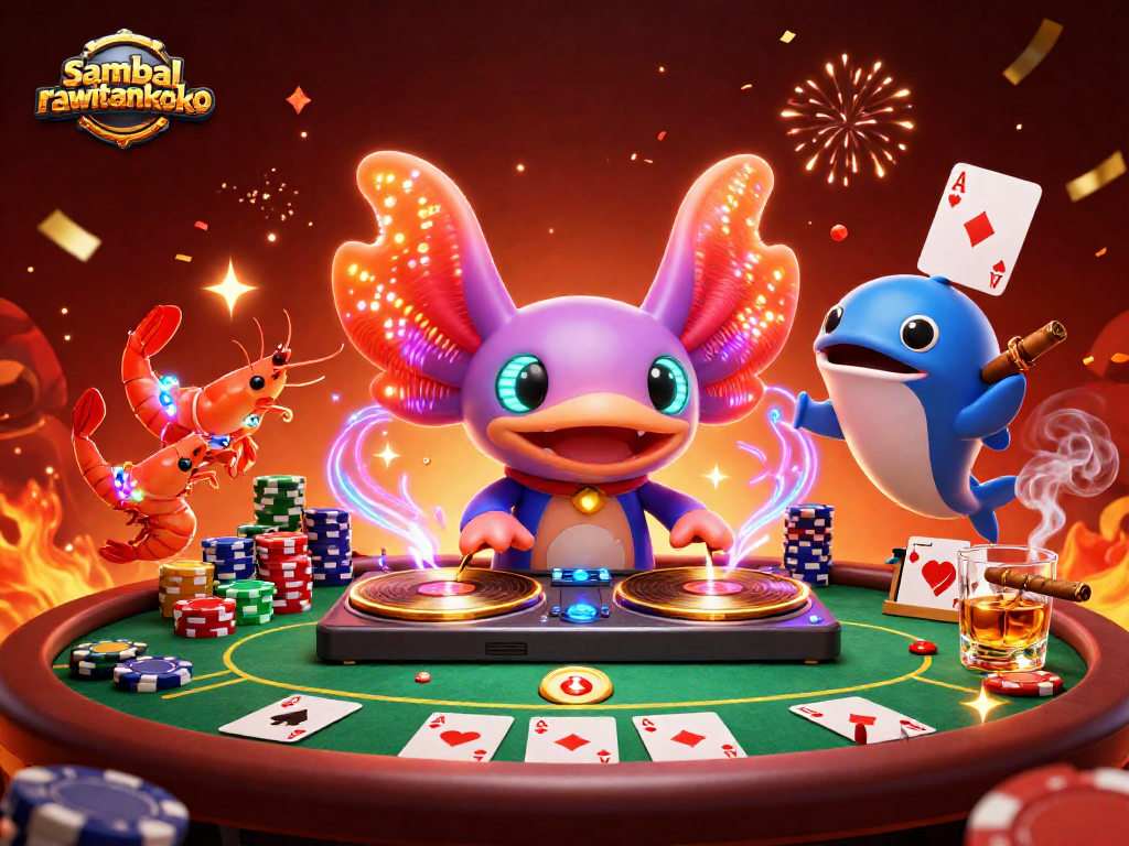 Experience a thrilling night with sambalrawitankoko at a vibrant poker table featuring neon characters.